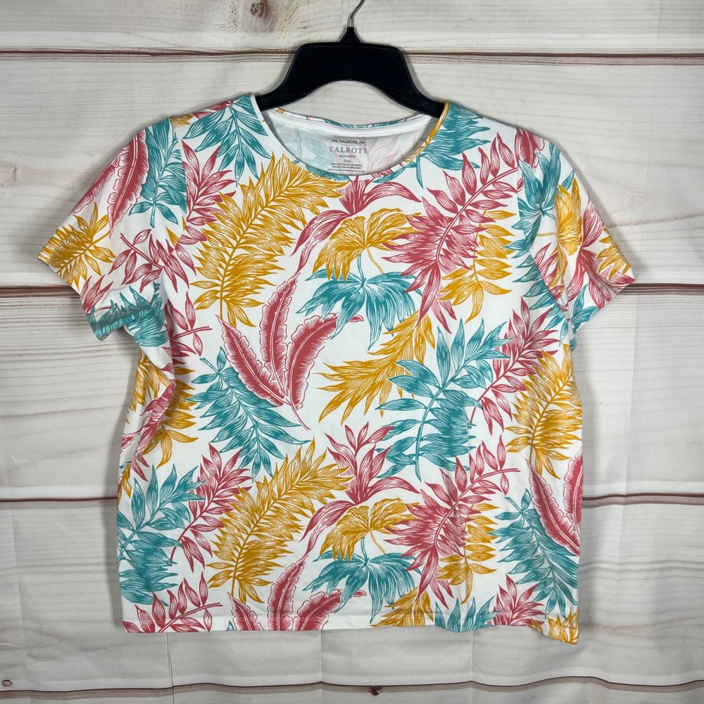 Talbots The Talbots Tee Womens 2XP‎ White Multicolor Tropical Palm Leaf T-Shirt